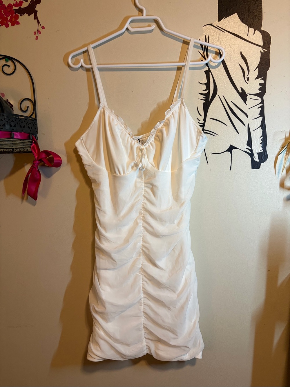 White Ruched Spaghetti-Strap Mini Dress - Picture 5 of 8